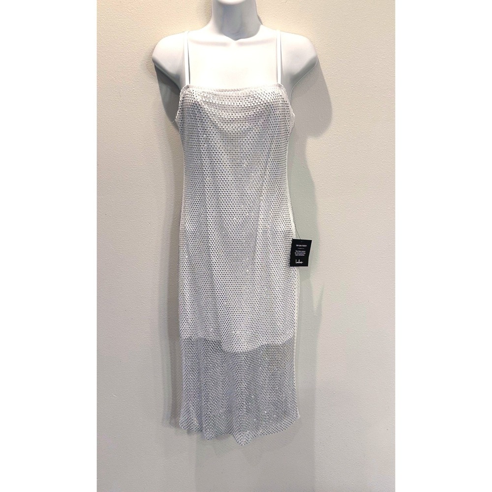 NWT Lulus White Rhinestone Mesh Slip Dress Spaghetti Strap‎ Mini Formal Party